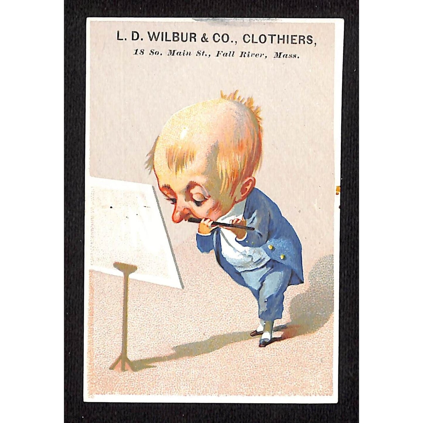 Fall River, MA L.D. Wilbur & Co. Victorian Trade Card Exaggerated Flautist