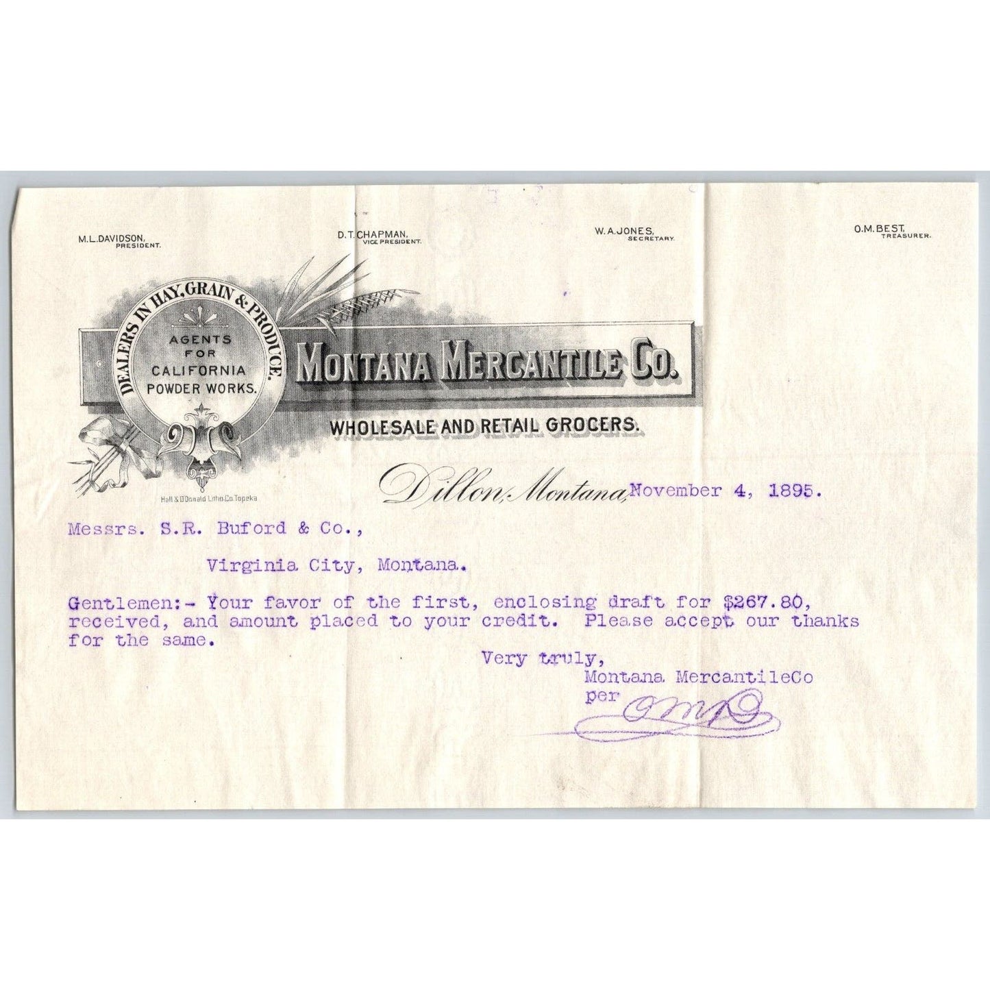 Dillon, MT Montana Mercantile Co. Agents California Powder Works 1895 Billhead