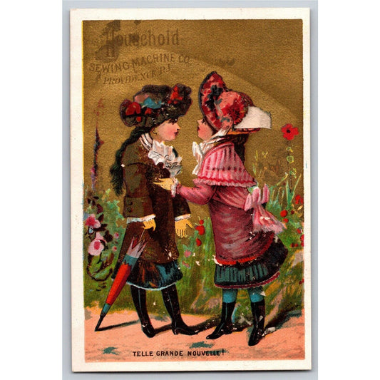 Girls in Black Boots Chatting "Telle Grande Nouvelle!" Victorian Trade Card