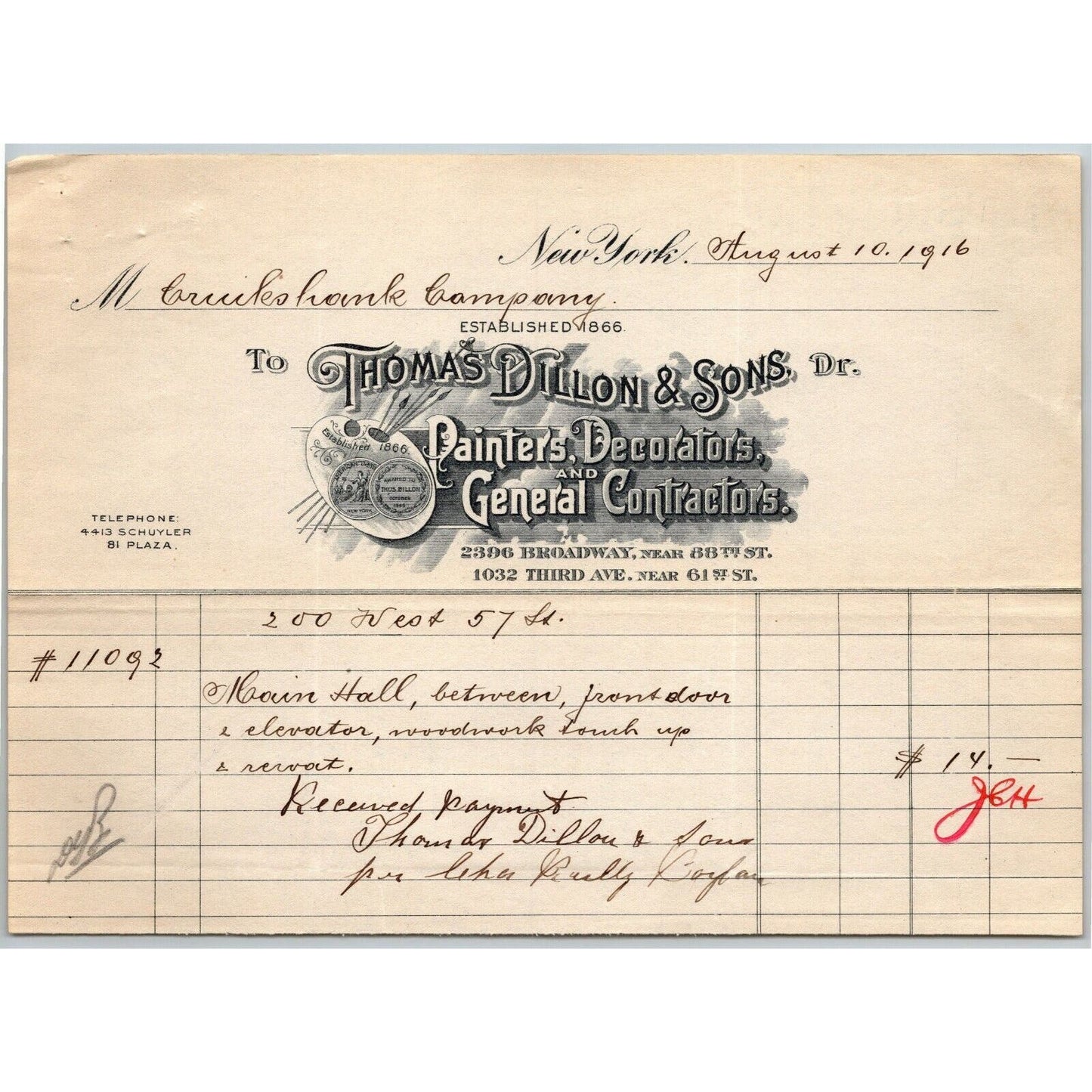 1916 "Thomas Dillon & Sons" Painters Decorators Billhead Letterhead 3rd Ave NYC
