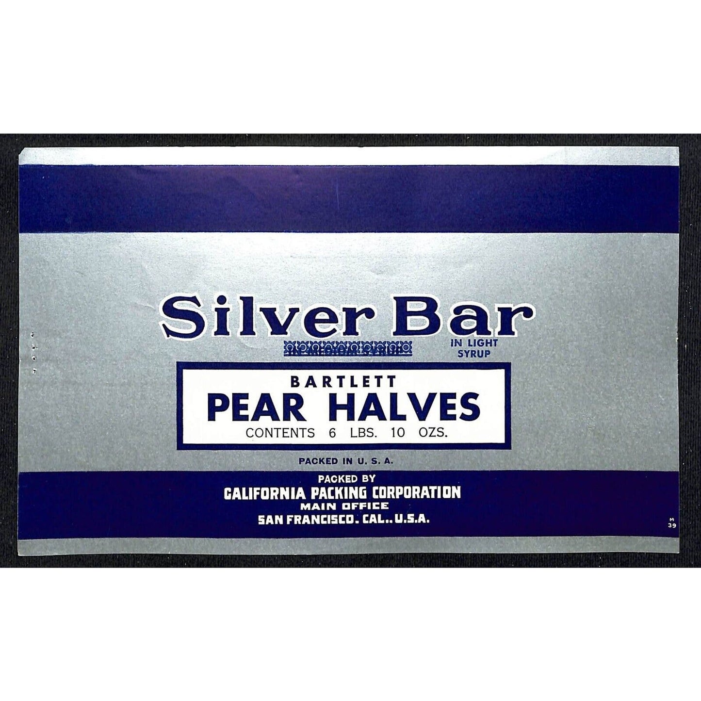 1943 Paper Can Label Silver Bar Brand Bartlett Pears - California Packing