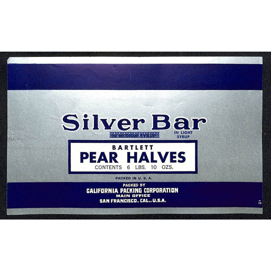 1943 Paper Can Label Silver Bar Brand Bartlett Pears - California Packing