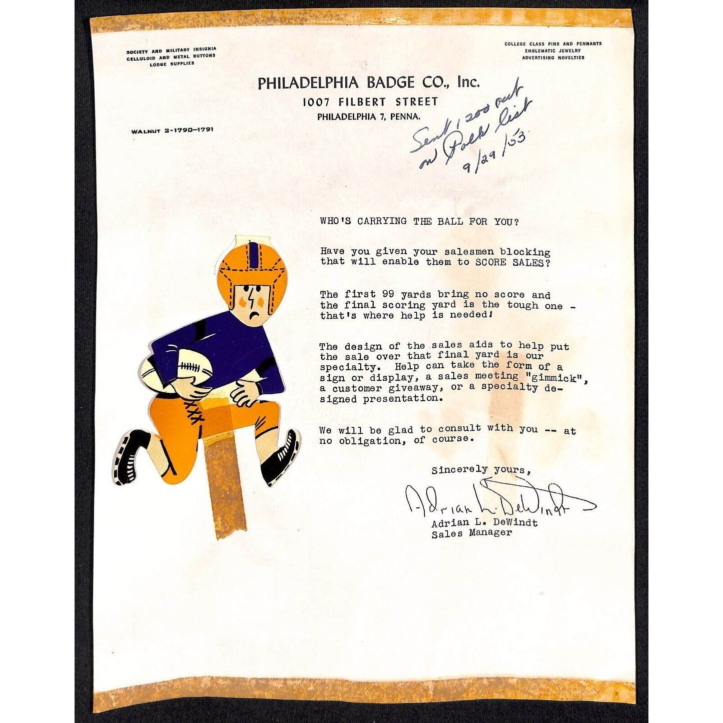 1953 Football "Galloping Hero" Beer Die Cut - on Catalog Salesman's Sample Sheet