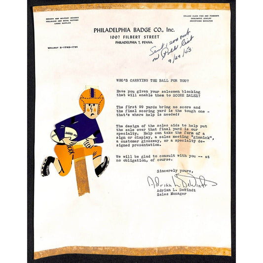 1953 Football "Galloping Hero" Beer Die Cut - on Catalog Salesman's Sample Sheet