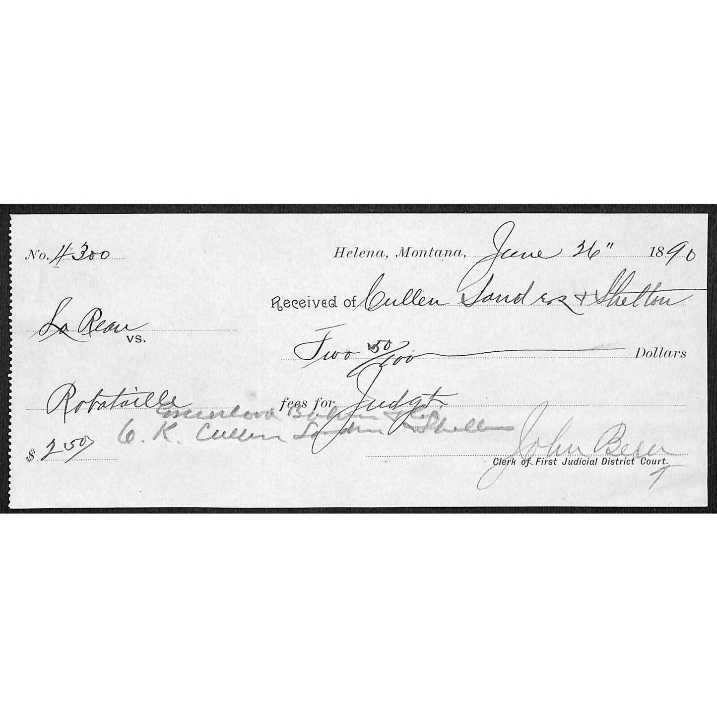 Helena Montana Cullen, Sanders & Shelton L/O 1890 $2.5 Judicial Payment Receipt