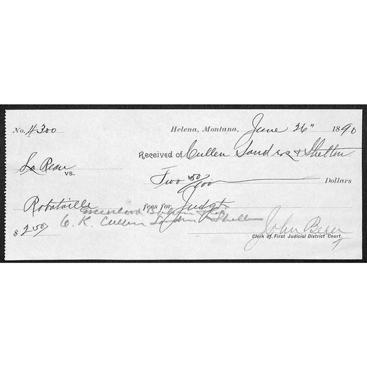 Helena Montana Cullen, Sanders & Shelton L/O 1890 $2.5 Judicial Payment Receipt
