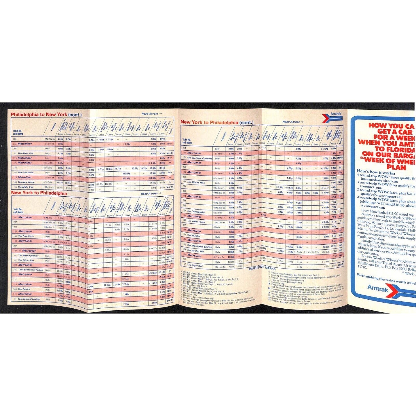 April 1973 Amtrack New York Philadelphia / Metroliners Times Table / Fare VGC