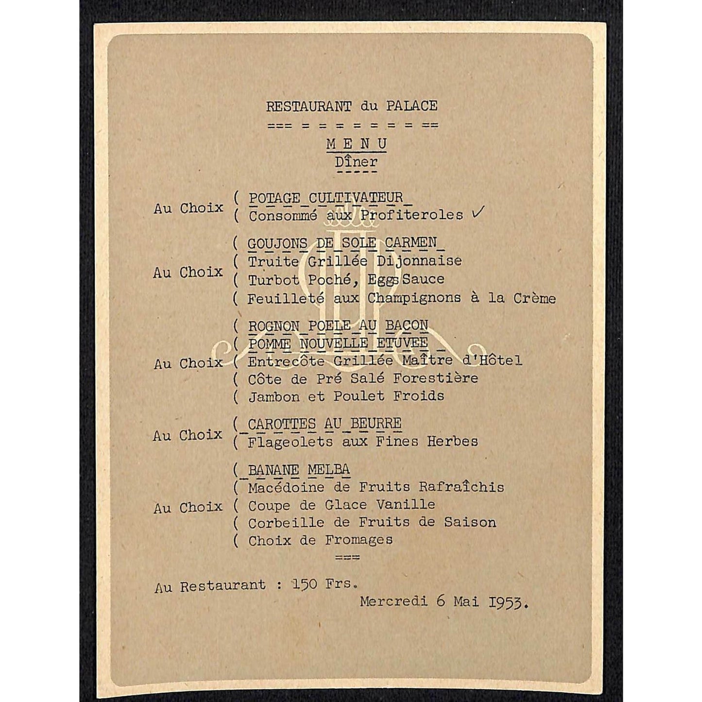 1953 Restaurant du Palace Dinner Menu Sheet