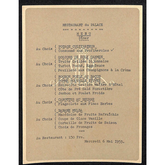 1953 Restaurant du Palace Dinner Menu Sheet