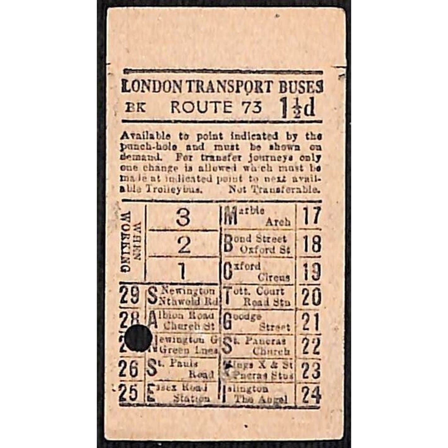 London Transport Buses Ticket Route 73 1 1/2d