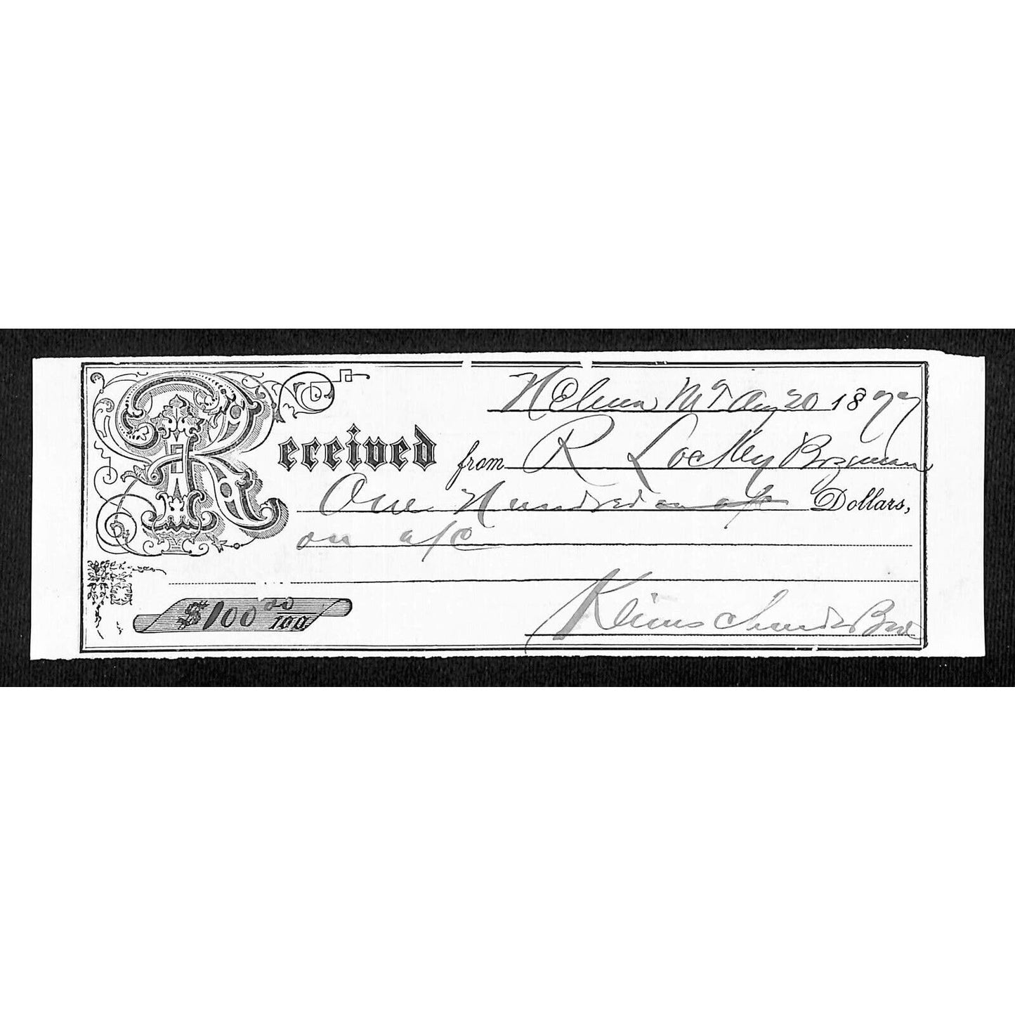 Helena Montana 1877 $100 Richard Lockey Receipt / Billhead