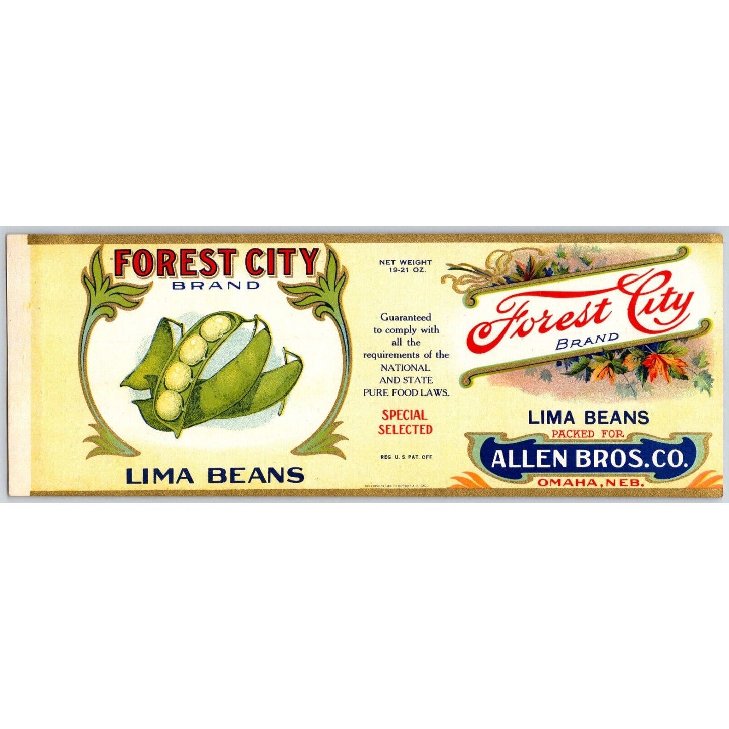 Forest City Brand Lima Beans Paper Can Label Allen Bros. Omaha c1910's VGC