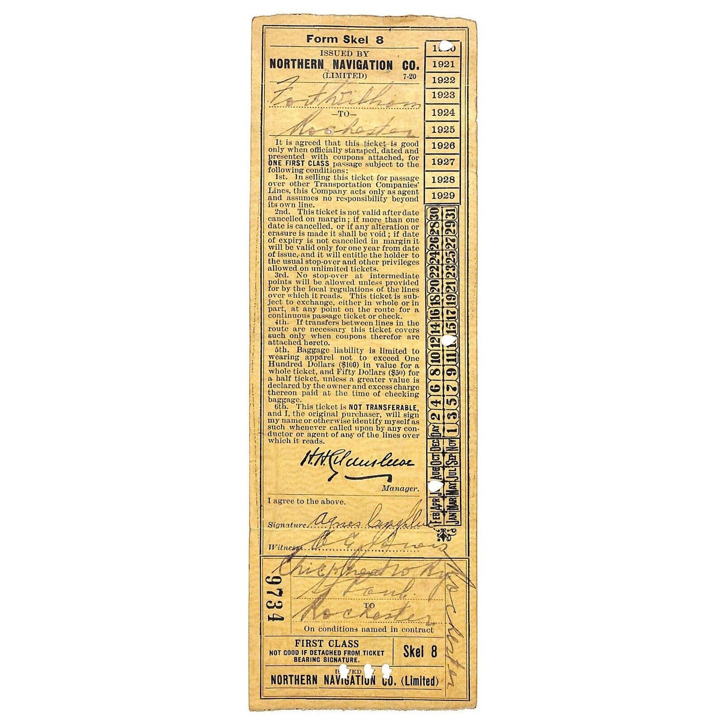 Northern Navigation Co. Railroad Ticket 1920 to Rochester MINN - Scarce