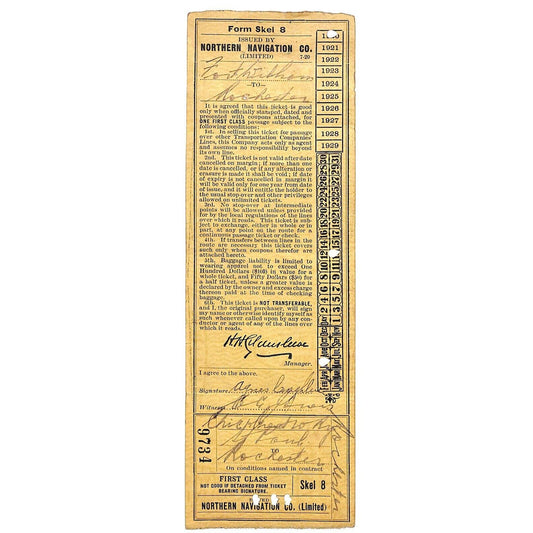 Northern Navigation Co. Railroad Ticket 1920 to Rochester MINN - Scarce