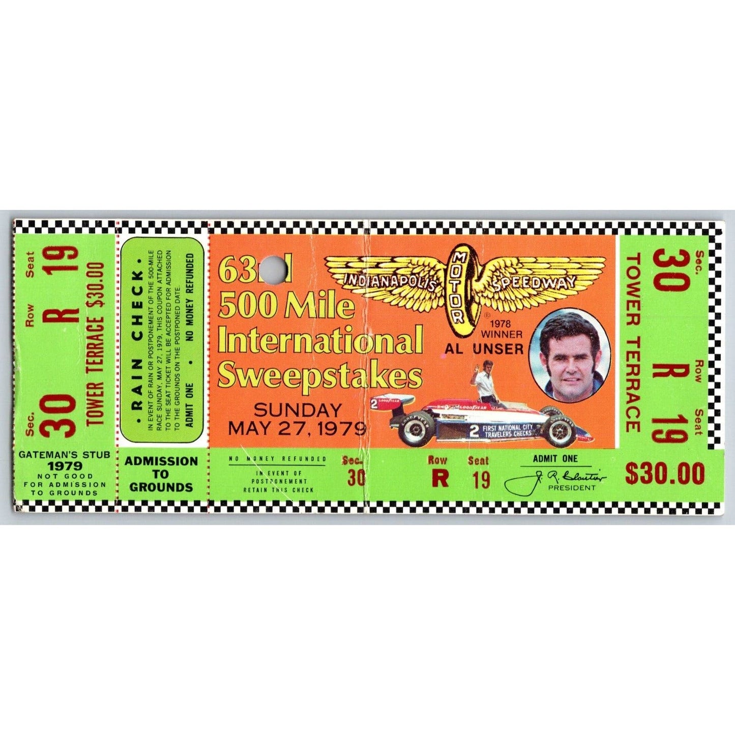 1979 Indy 500 Sec 30 seat 19 Ticket Stub - Ron Burton Estate