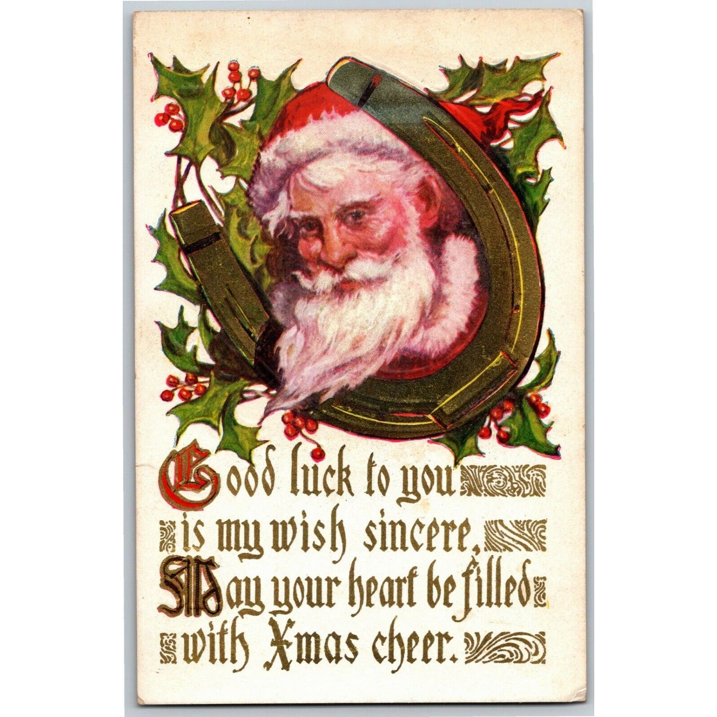 Vintage Postcard c1915 Christmas w/ Santa Inset Horseshoe Holly "Good Luck"