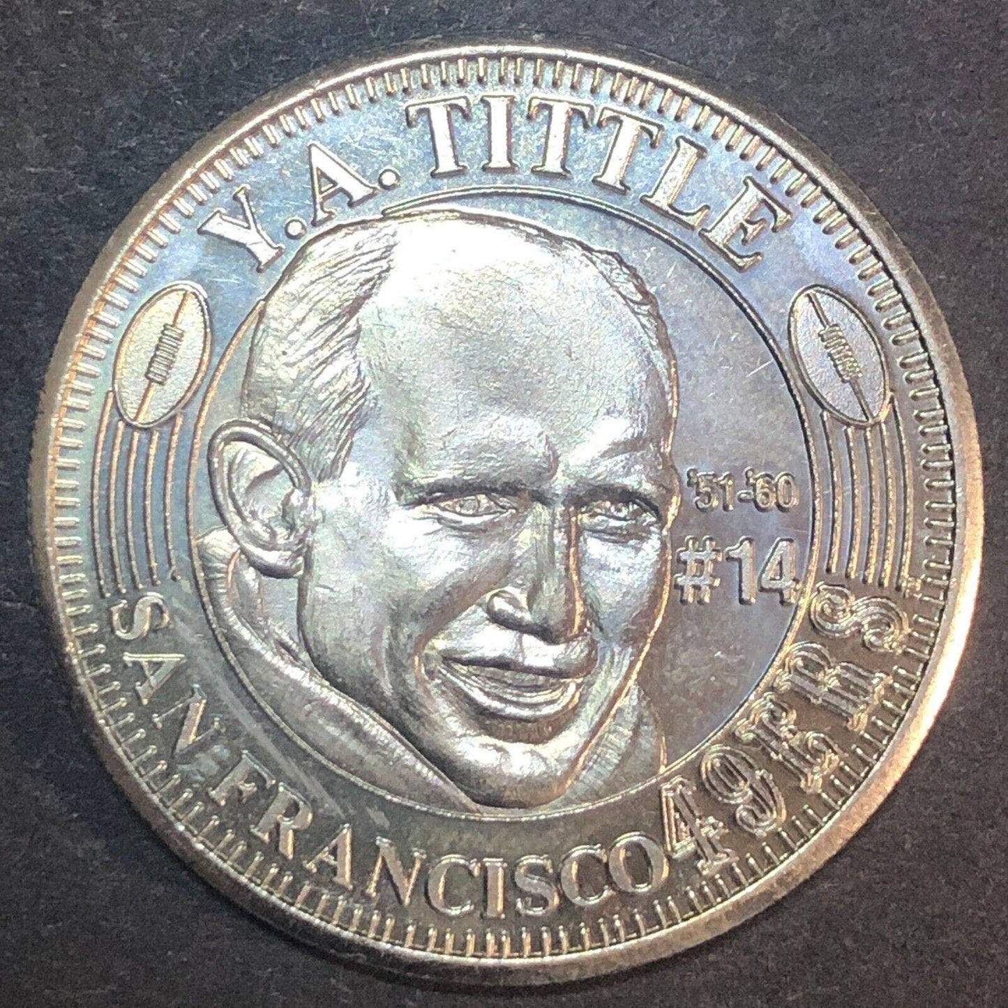 Y.A. Tittle San Francisco 49'ers '51-'60 "Then and Now" Medal 34mm 12g c1994-95