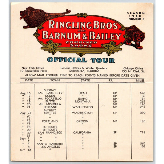 1948 Ringling Bros Barnum Bailey Circus Route Card Salt Lake City Butte Seattle