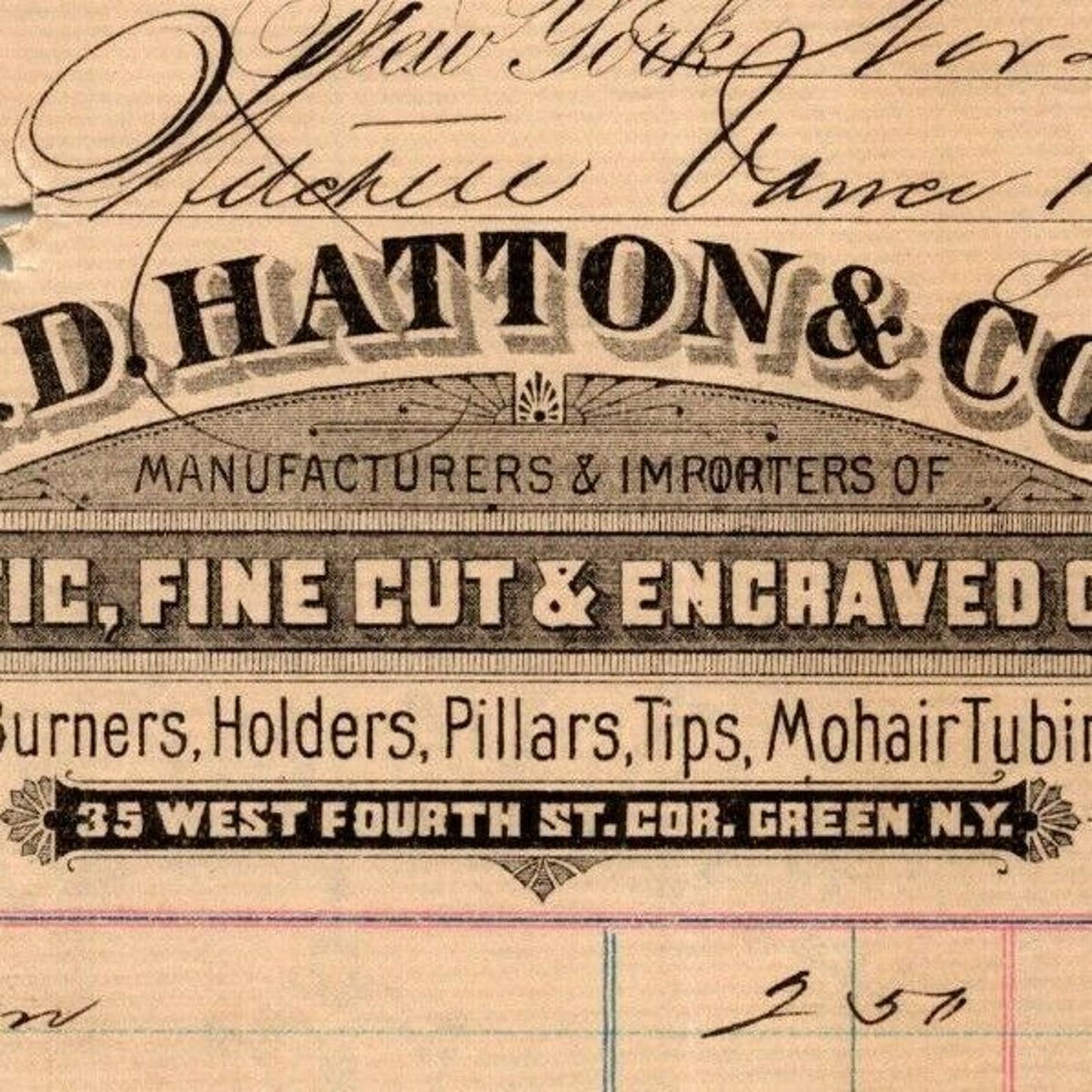 1887 L. D. Hatton & Co. Pillars Tips Mohair Tubing Billhead Letterhead NYC