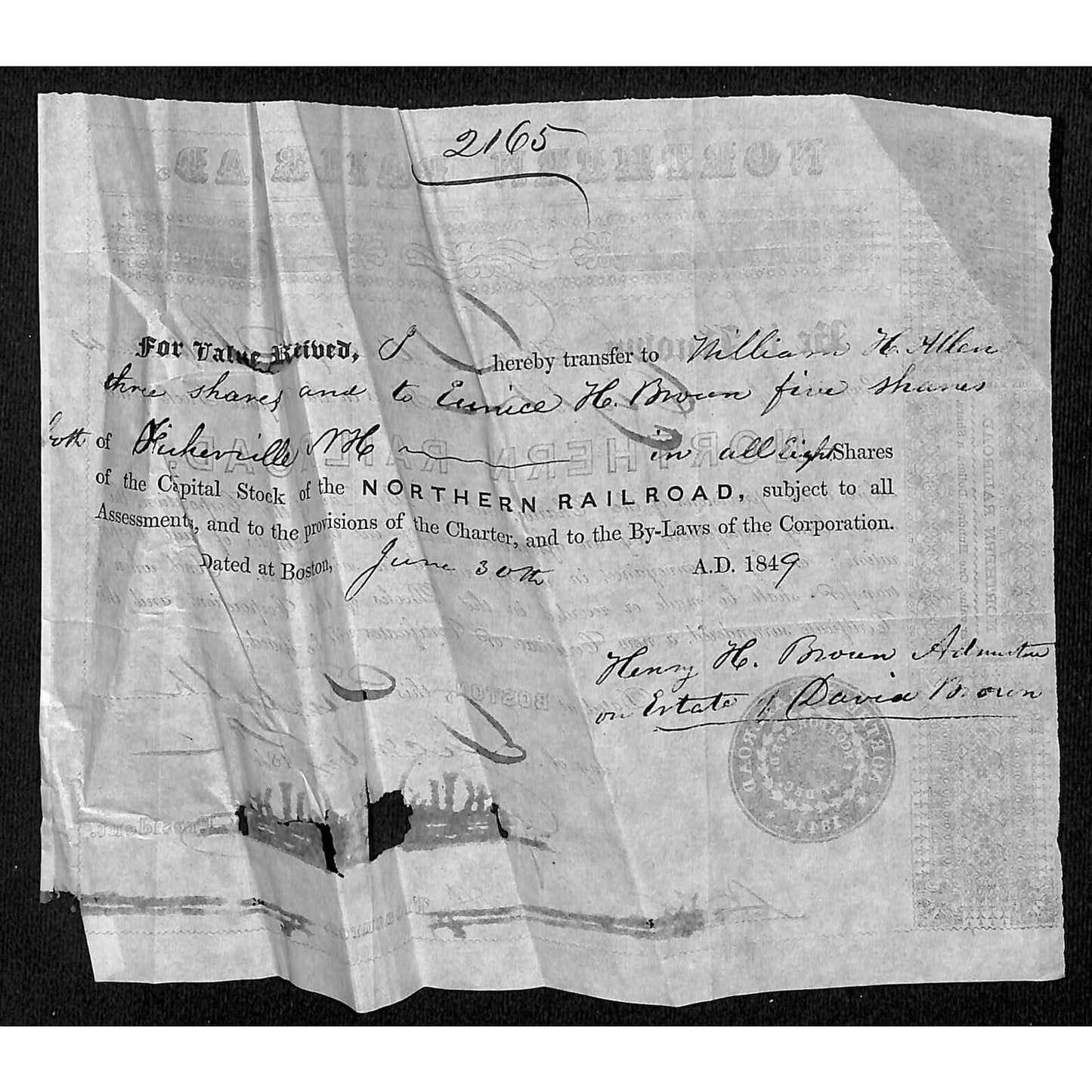 1848 Boston MA Northern Railroad Stock Certificate No. 4661 for 8 Shares