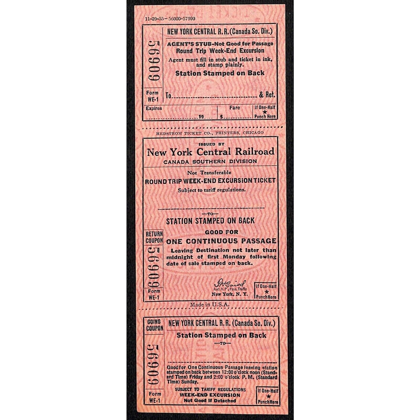 New York Central Railroad RR Canada Unused SAMPLE Excursion Ticket c1955 #56909
