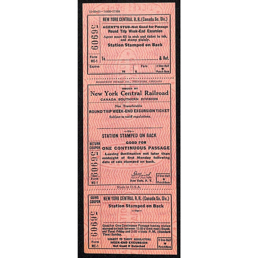 New York Central Railroad RR Canada Unused SAMPLE Excursion Ticket c1955 #56909