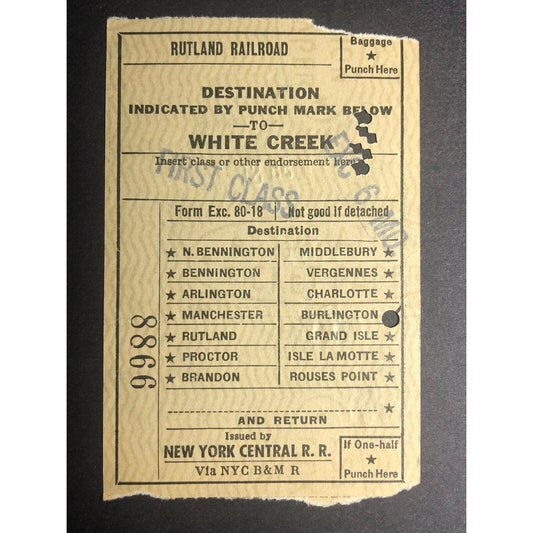 1953 Rutland Railroad / NY Central RR "to White Creek" Check / Ticket #8866