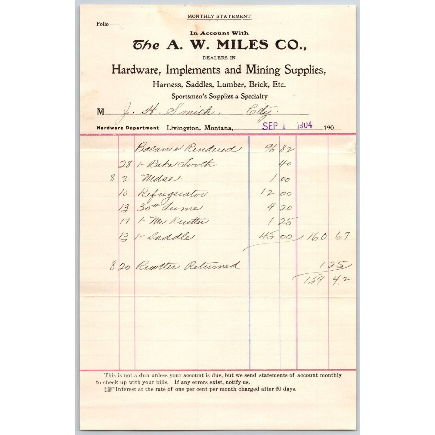 Livingston, MT A.W. Miles Hardware Mining Supplies 1904 Billhead / StatementVGC