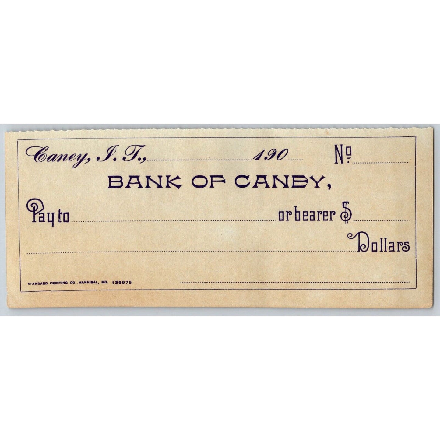 Canry, OK Indian Territory c1900-07 "Bank of Caney" Unused Check - Scarce