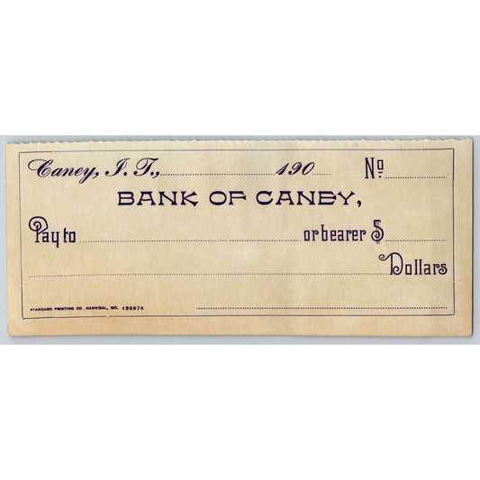 Canry, OK Indian Territory c1900-07 "Bank of Caney" Unused Check - Scarce