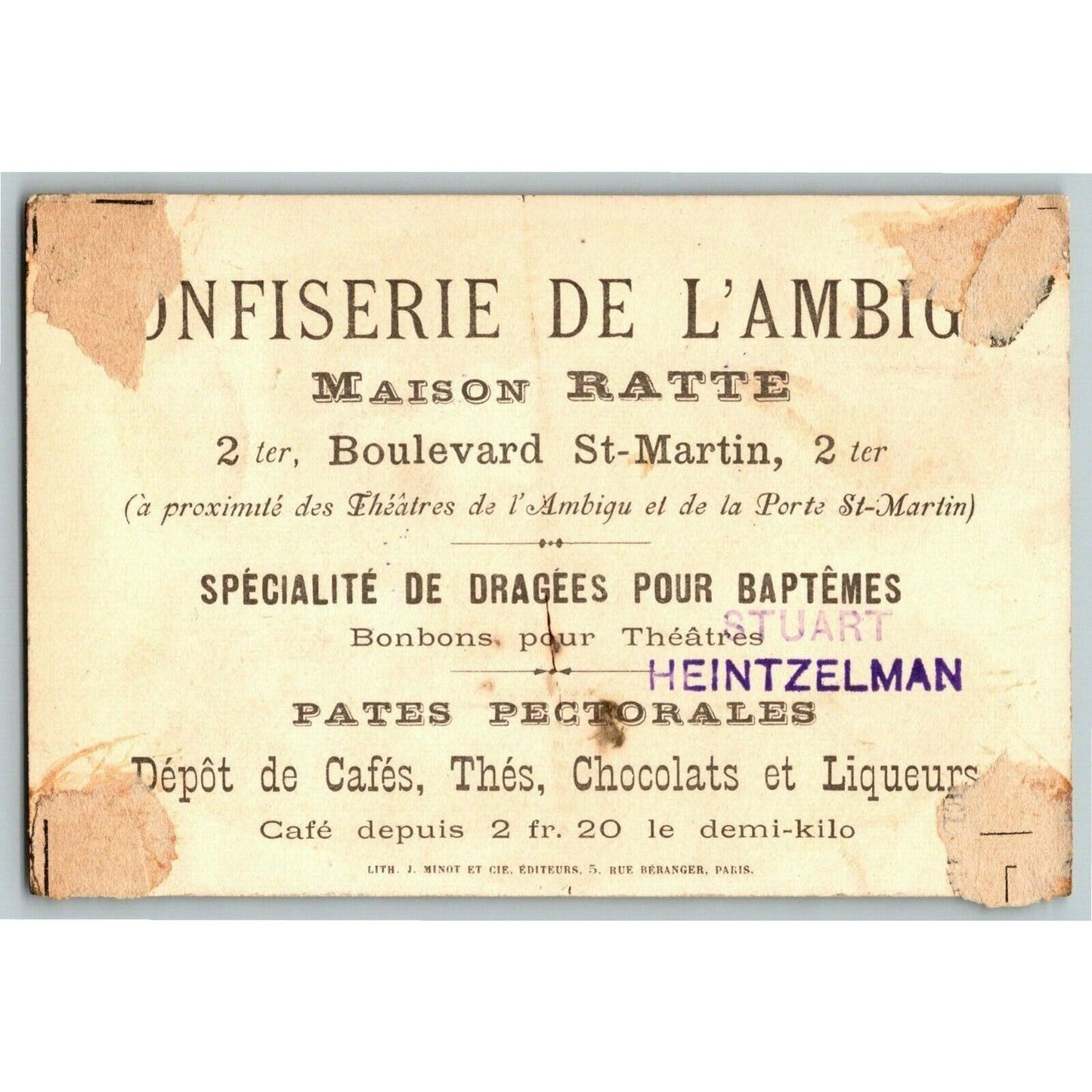 French Victorian Trade Card - Specialite' De Dragees Pour Baptemes Wooden Shoes