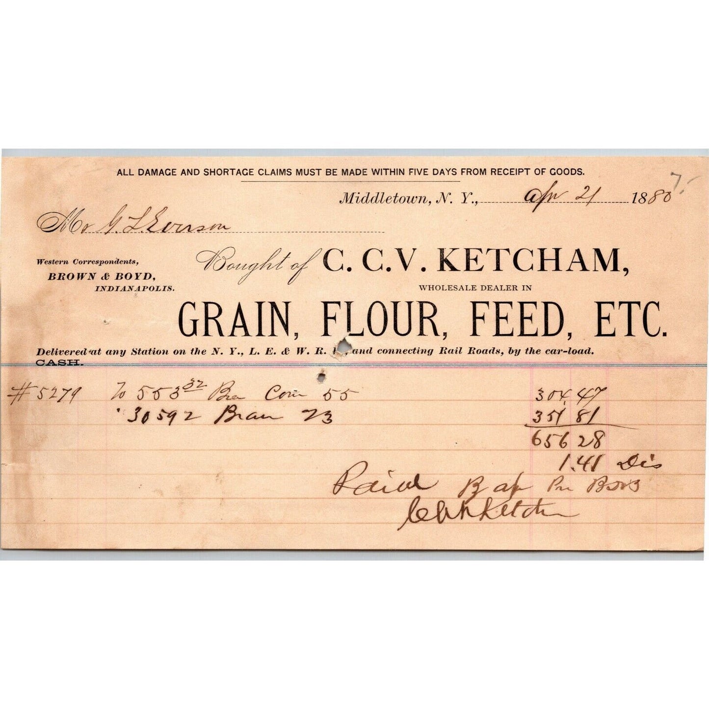 C.C.V. Ketcham 1880 Letterhead Middletown, NY Dealer in Flour Feed Grain Etc.