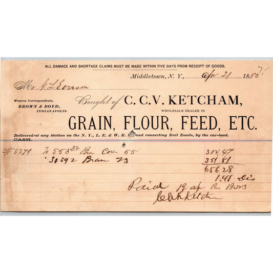 C.C.V. Ketcham 1880 Letterhead Middletown, NY Dealer in Flour Feed Grain Etc.