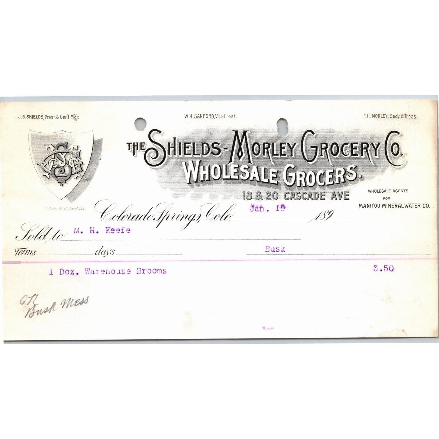 c1895 Shields-Morley Grocery Colorado Springs Letterhead M.H. Keefe "Brooms"