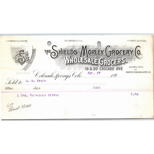 c1895 Shields-Morley Grocery Colorado Springs Letterhead M.H. Keefe "Brooms"