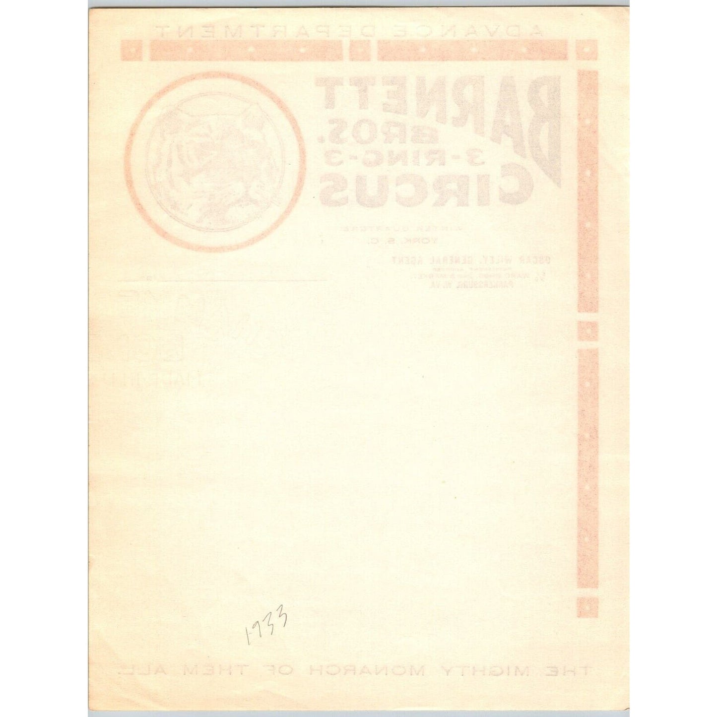 Barnett Bros. 3 Ring Circus Letterhead c1933 "The Mighty Monarch of Them All"