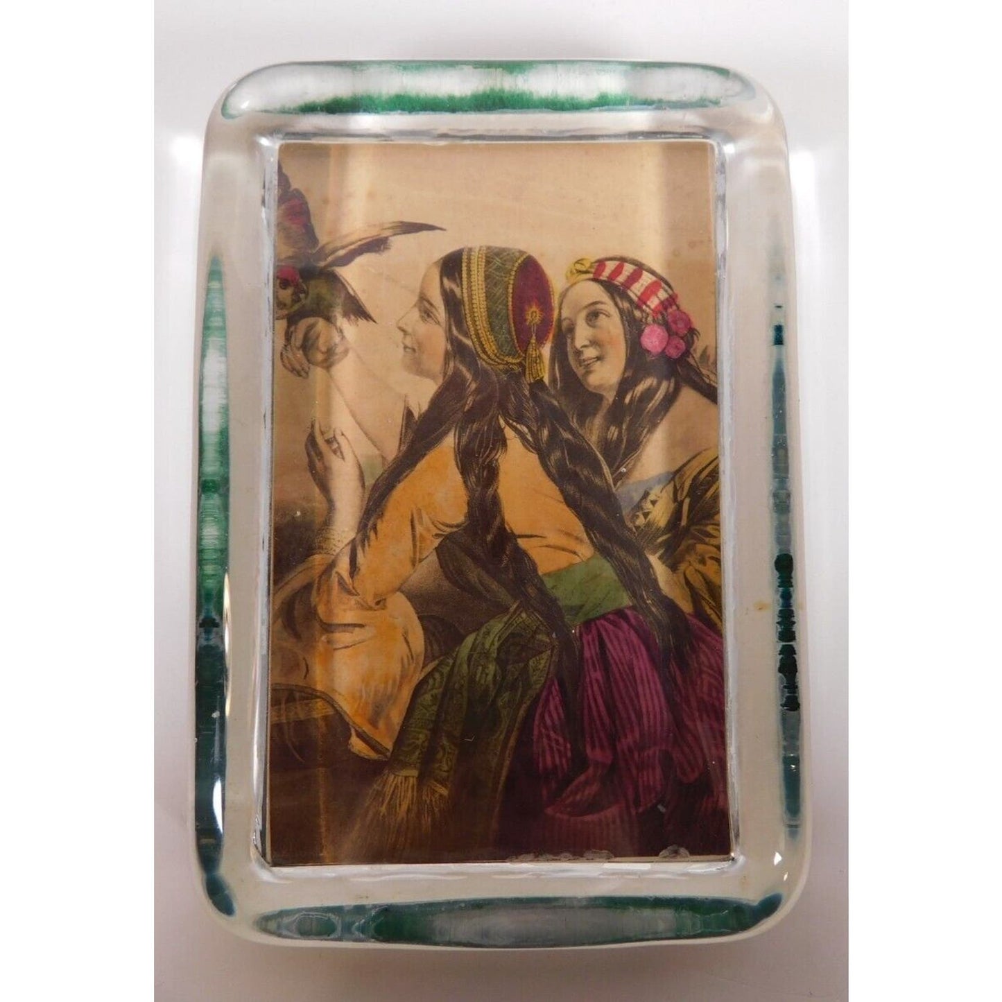 Vintage Glass Two Girls and Parrot Rectangular Paperweight 2 1/2" x 4" 11 oz.