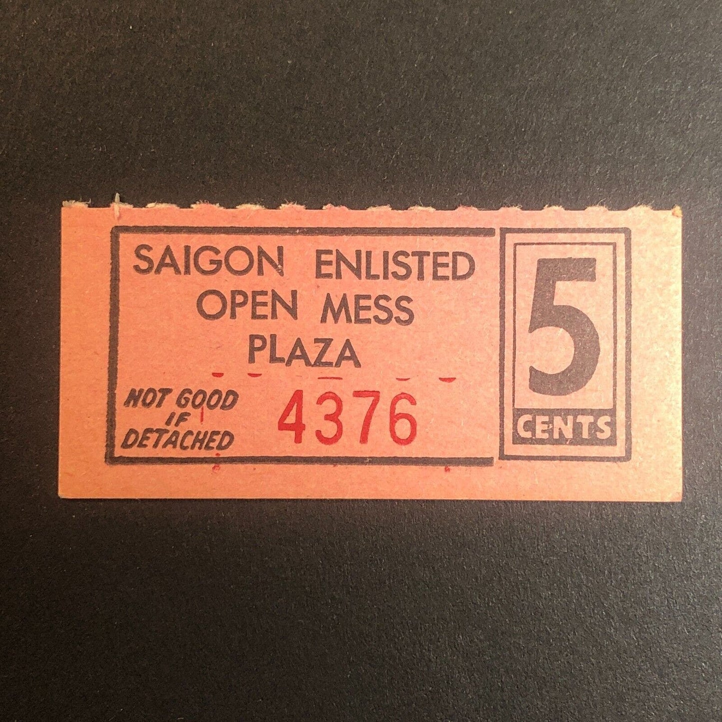 Saigon Enlisted Open Mess Plaza c1962* Vietnam Trade Token Chit Military 5c
