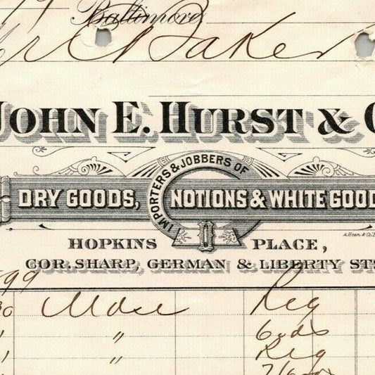 1899 Letterhead Billhead John E. Hurst Dry Goods Baltimore - Ephraim Baker*