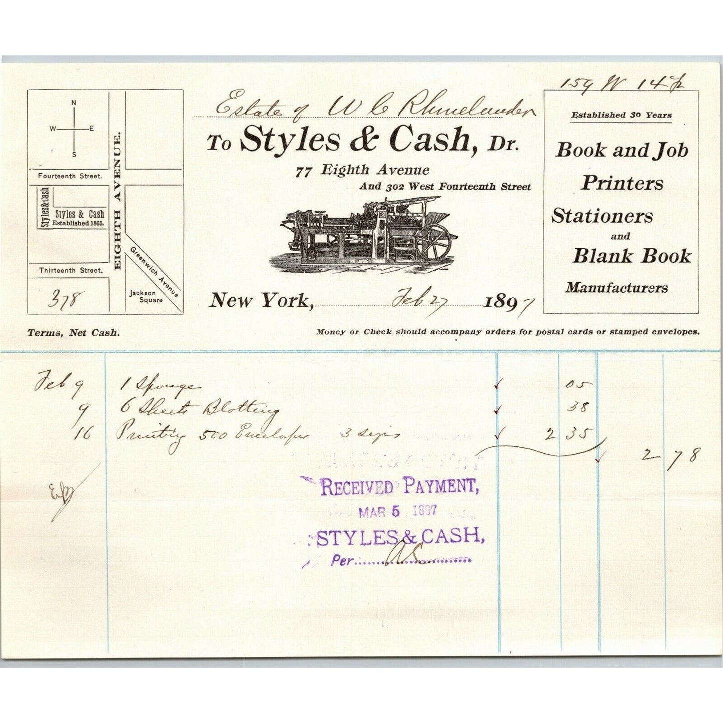 1897 Styles & Cash Stationers Book Printers Billhead Letterhead 77 8th Ave NYC