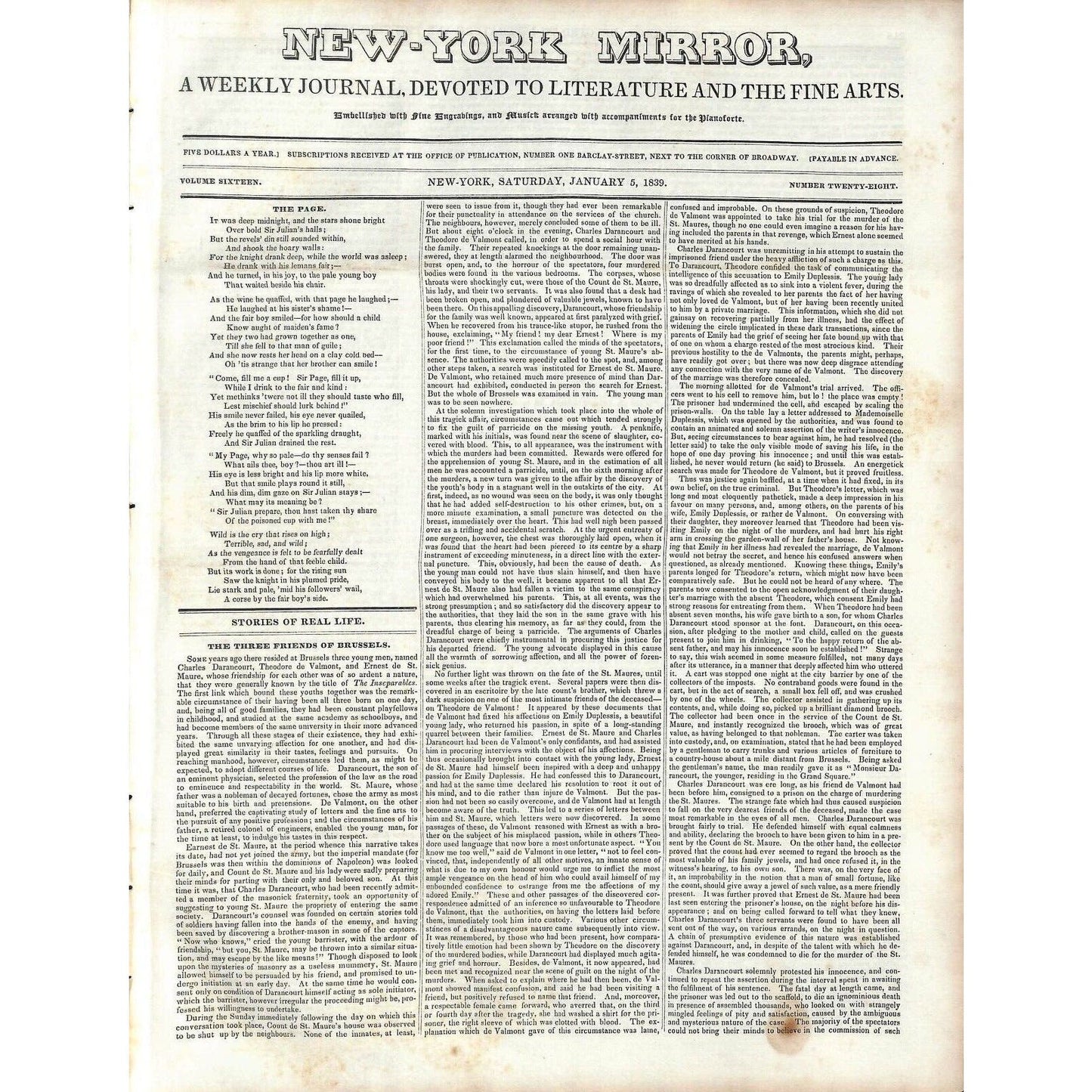 New-York Mirror Weekly Journal Literature Fine Arts Newspaper 1/5/1839