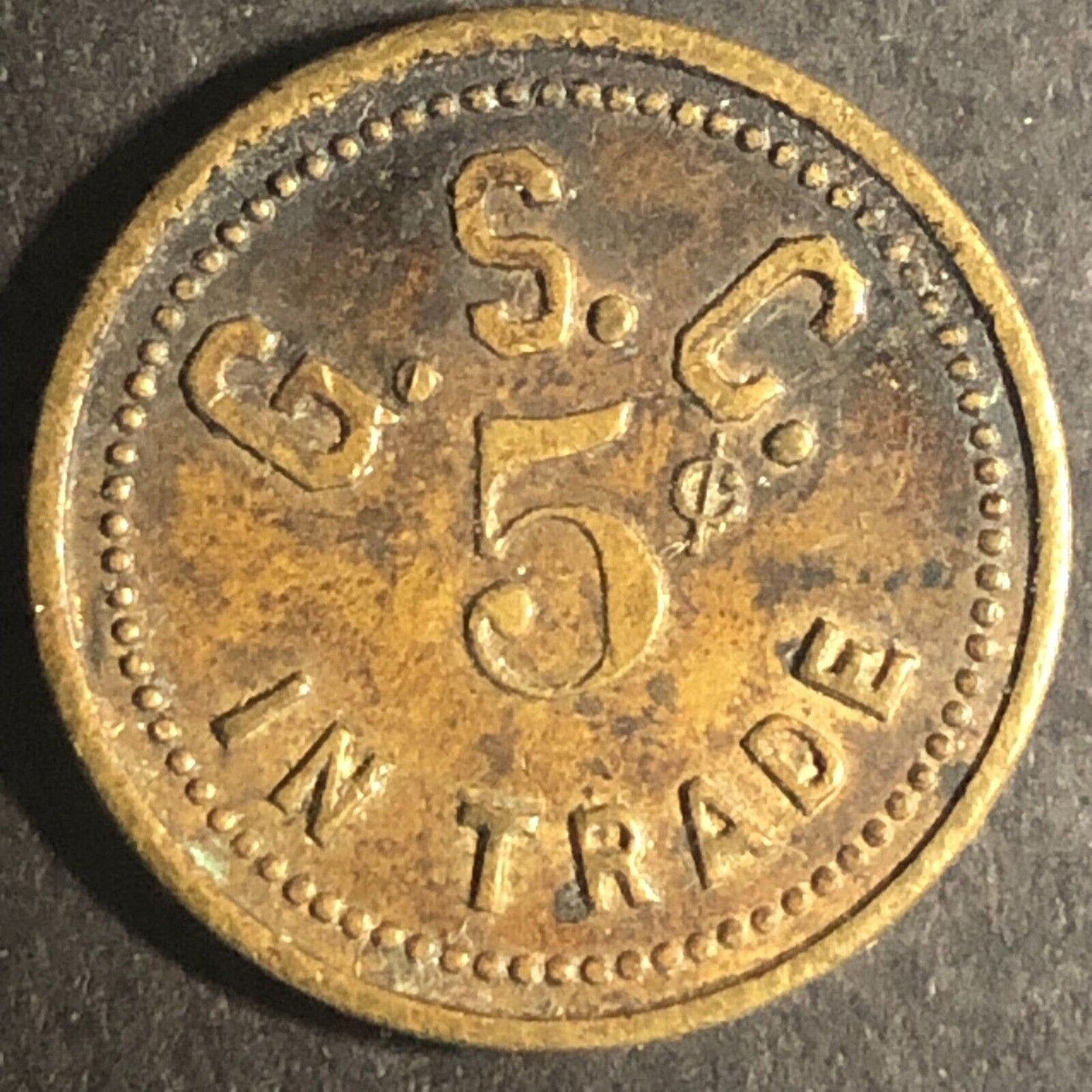 Gilroy, CA? Santa Cruz, CA? G.S.C. 5¢ in Trade Brass Token 21mm Scarce