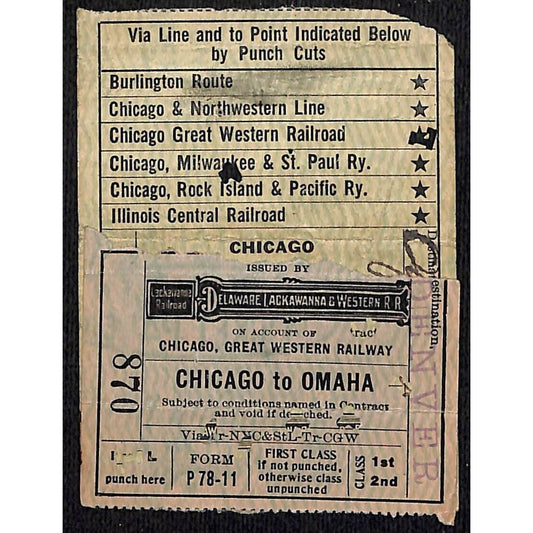 Delaware Lackawanna & Western Railroad 1919 Tickets Chicago to Omaha #870