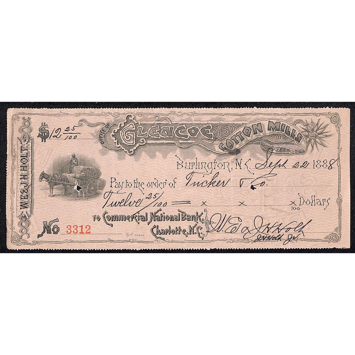 Burlington, NC Glencoe Cotton Mills 1888 $12.25 Bank Check w/ Vignette Scarce