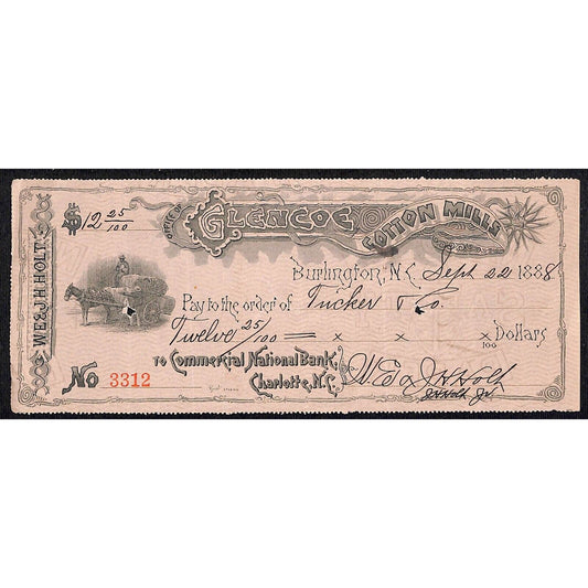 Burlington, NC Glencoe Cotton Mills 1888 $12.25 Bank Check w/ Vignette Scarce