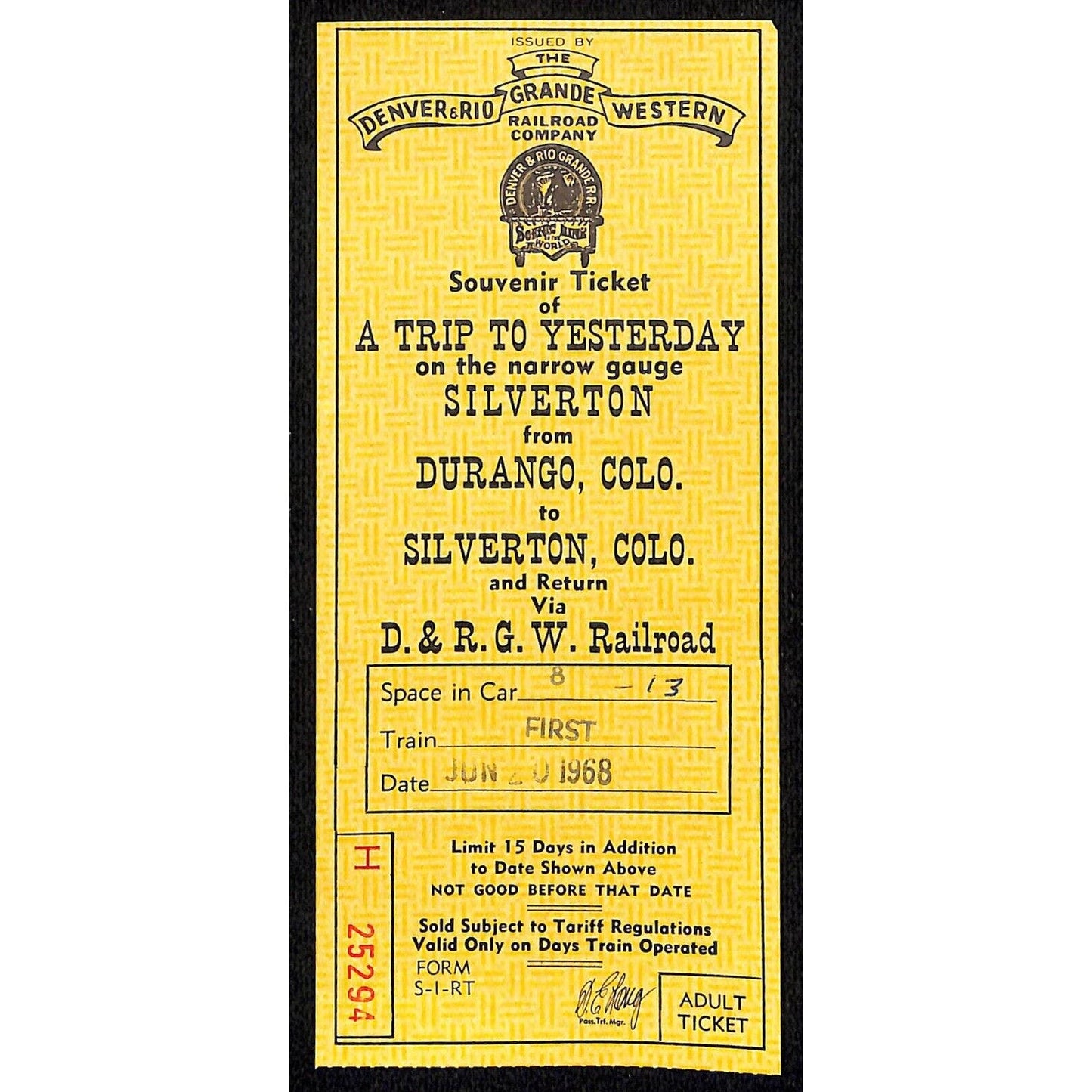 Denver and Rio Grande Western 1968 Railroad Souvenir Ticket Silverton #25294