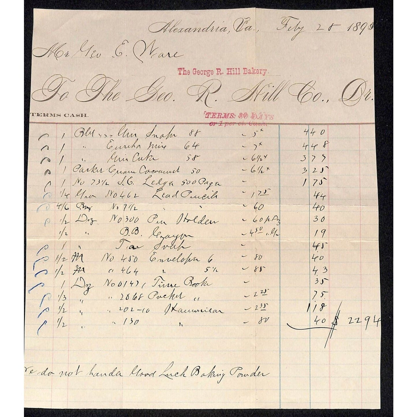 1895 Scarce George R. Hill Bakery Billhead Letterhead Alexandria, Virginia
