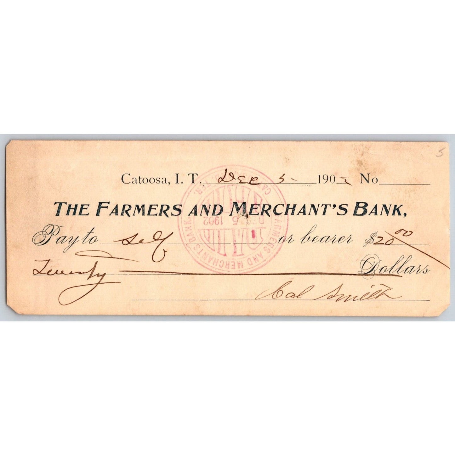 Catoosa, OK 1902 Indian Territory Farmers Merchant's Bank Check Scarce