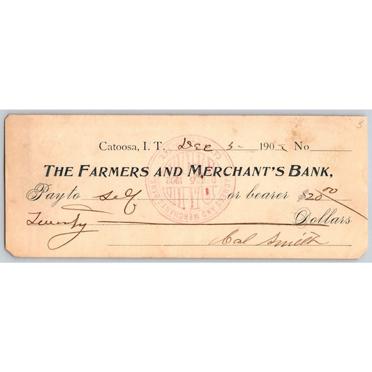 Catoosa, OK 1902 Indian Territory Farmers Merchant's Bank Check Scarce