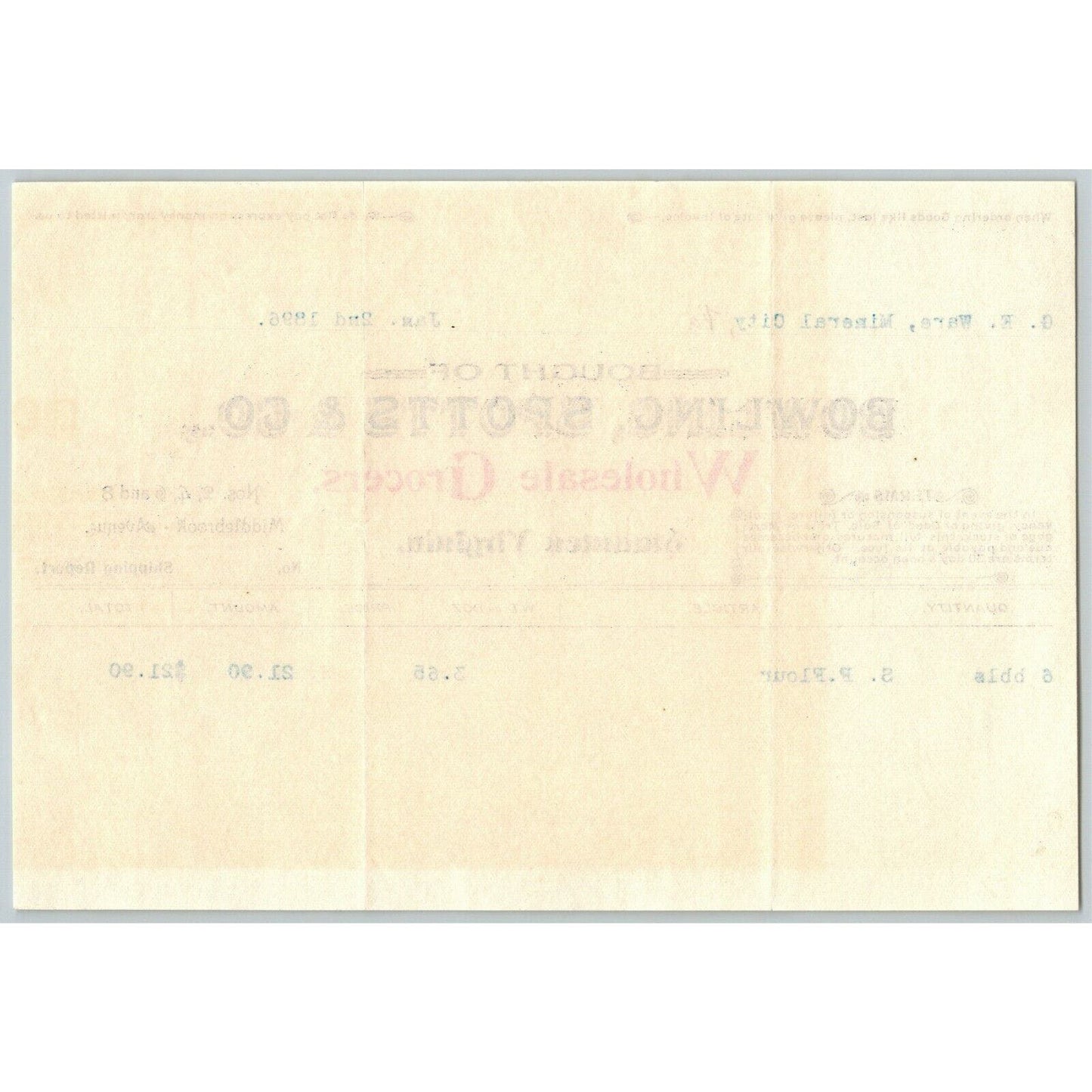 1896 Scarce Bowling, Spotts & Co Whsl. Grocers Billhead Letterhead Staunton, VA